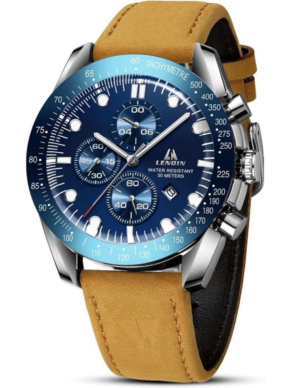 Men's Brown Blue Analog Quartz Leather Waterproof Luminous Luxury Casual Watch